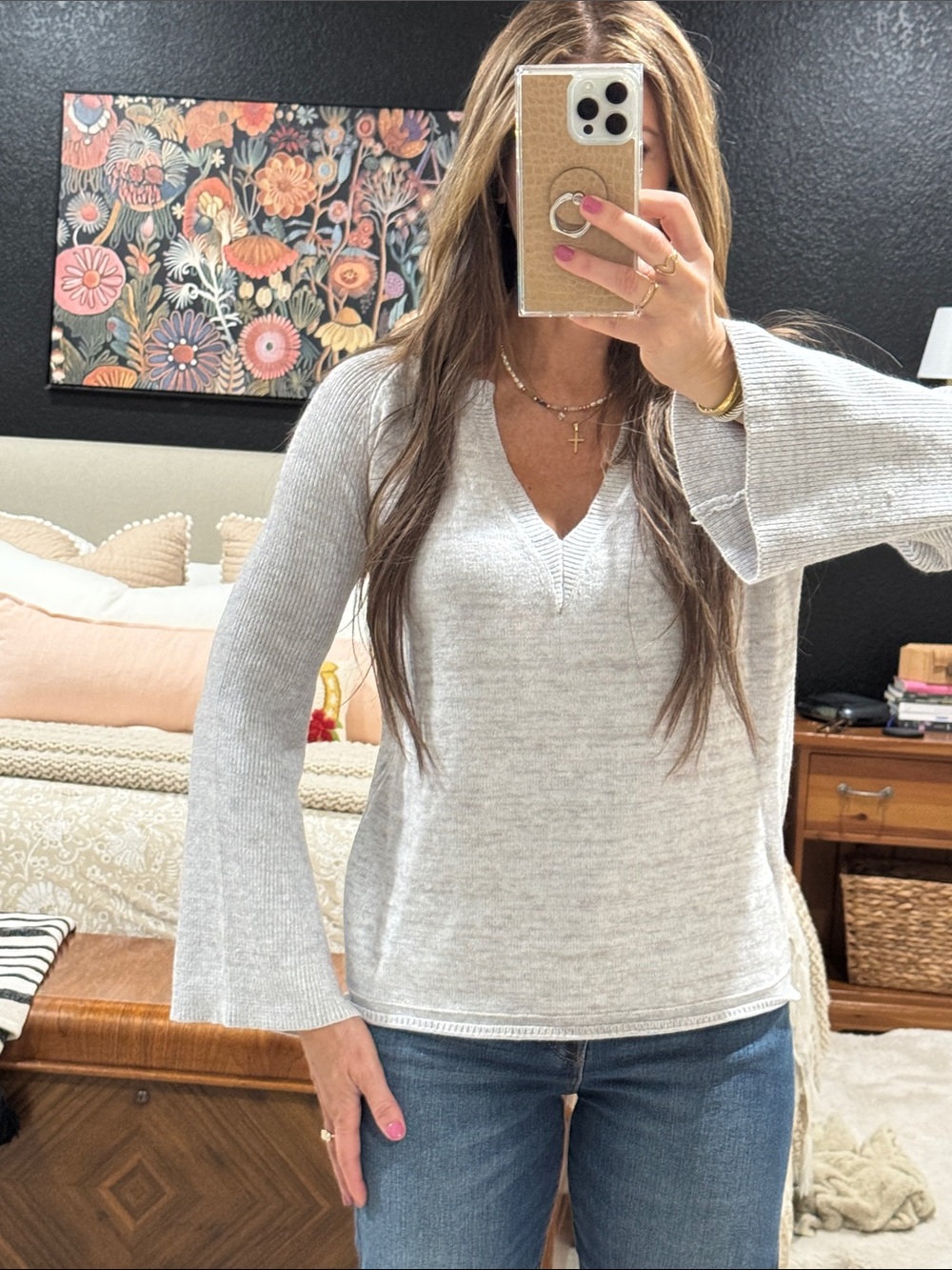 Light Gray V-Neck Knit Sweater